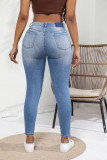 Women's Autumn Elastic High Waist Washed Ripped Tight Denim Pants