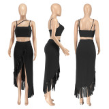 Hollow Solid Color Straps Crop Top & Fringed Slit Long Skirt