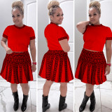 Fashion Knitted Print O Neck Short Sleeve Pleated Two-Piece Skirt Set