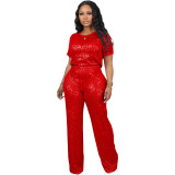 Womens Sparkly Sequin Outfits 2 Piece Tracksuit Glitter Straight Pants Set