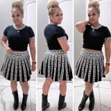 Fashion Knitted Print O Neck Short Sleeve Pleated Two-Piece Skirt Set