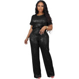Womens Sparkly Sequin Outfits 2 Piece Tracksuit Glitter Straight Pants Set