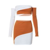 Summer Contrast Color Wrapped Off Shoulder Skirt Set