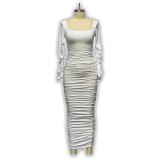 Women's Bodycon Long Sleeves Ruched Square Neck Party Club Midi Dress