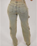 Washed Distressed Vintage Low-rise Zipper Jeans With Multi-pocket