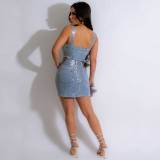 (Pre Order)Sexy Solid Buttons Backless Spaghetti Strap Sleeveless Denim Two Pieces