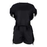 Casual Solid Tassel Patchwork Asymmetrical O Neck Short Sleeve Two Pieces