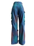 (Pre Order)Stretch Multi-pocket Spray-colored Denim Straight Overalls Jeans