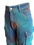 (Pre Order)Stretch Multi-pocket Spray-colored Denim Straight Overalls Jeans