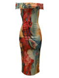 Casual Elegant Mixed Printing Contrast Off The Shoulder Dresses