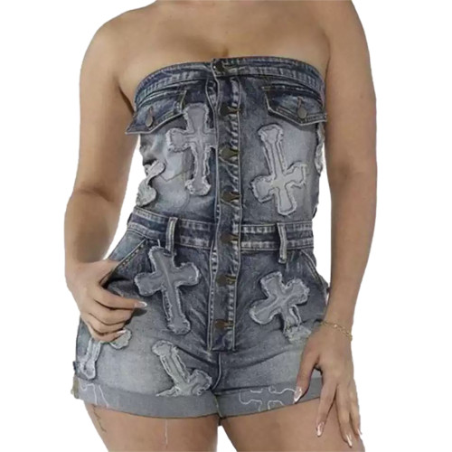 Women's Denim Embroidered Strapless Elastic Hotpants Overalls Playsuit