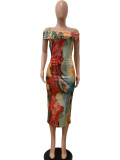 Casual Elegant Mixed Printing Contrast Off The Shoulder Dresses