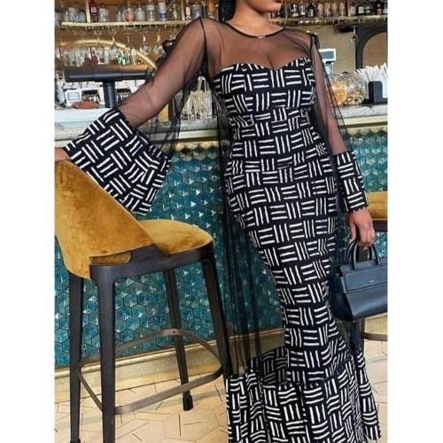 Plus Size Elegant Black Style Printed Mesh Splicing Two-piece Dress