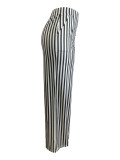 Black Striped Printed High Waist Straight Casual Wide Leg Pants