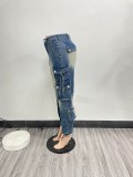 (Pre Order)Washed Distressed Retro Low-Rise Zipper Cargo Stretch Jeans