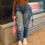 (Pre Order)Washed Distressed Retro Low-Rise Zipper Cargo Stretch Jeans