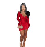 Women's Solid Long Sleeve V Neck Ruched Bodycon Dress Set