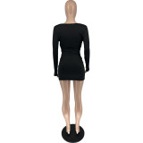 Women's Solid Long Sleeve V Neck Ruched Bodycon Dress Set