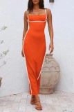 Sexy Casual Patchwork Backless Slit Contrast Spaghetti Strap Sling Dresses