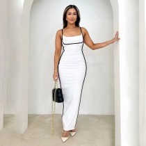 Sexy Casual Patchwork Backless Slit Contrast Spaghetti Strap Sling Dresses