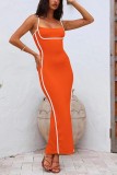 Sexy Casual Patchwork Backless Slit Contrast Spaghetti Strap Sling Dresses