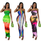 Sexy Multicolored Print Patchwork Strapless Long Dresses
