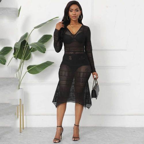 Solid Color Lace Sexy See Through Hollow V Neck Midi Dresses