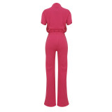 Casual Zipper Short Sleeve Top and Flared Pants Two-piece Set