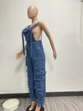 (Pre Order)Sexy Washed Denim Pockets Wide Leg Cargo Overalls Jumpsuits