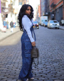 (Pre Order)Sexy Washed Denim Pockets Wide Leg Cargo Overalls Jumpsuits