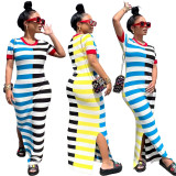 Women's Round Neck Short Sleeve Patchwork Stripe Side-Slit Dress