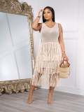 (PreOrder)Fashion Knitted Handhook Sleeveless Beach Fringe Mesh Cover Up Dress