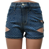 (PreOrder)Summer Hot Drilling Ripped Washed Tight Sexy Stretch Short Jeans