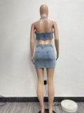 Washed Stretch Denim Halter Zipper Casual Skirt Set