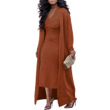 Solid Color Pit Coat Slim V Neck Dress & Front Cardigan Two-Piece Set