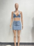 Casual Washed Stretch Denim Halter Tops Skirt Outfits Set