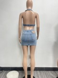 Casual Washed Stretch Denim Halter Tops Skirt Outfits Set
