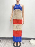 Sexy See Through Knitted Slit Color Block Maxi Dresses