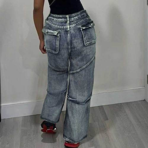Casual Solid Patchwork Pocket High Waist Straight Denim Jeans