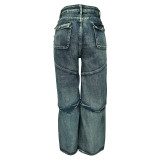 Casual Solid Patchwork Pocket High Waist Straight Denim Jeans
