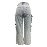 Washed Cargo Pants Straight Jeans with Pocket