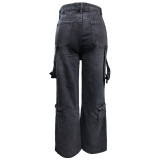 Washed Cargo Pants Straight Jeans with Pocket