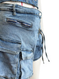 Solid Strapless Wrapped Cargo Shorts Denim Set