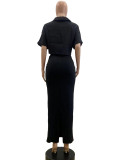 Solid Buttons Turndown Collar Crop Top &  Long Skirts Two Pieces