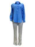Spring Casual Blue And White Striped Career Loose Shirt