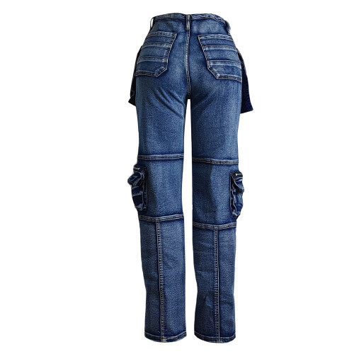 Casual Multi-pocket Washed Cargo Straight-leg Jeans