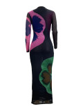 Colorblock Flower Printed Mesh Double Layer Maxi Dress