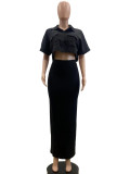 Solid Buttons Turndown Collar Crop Top &  Long Skirts Two Pieces