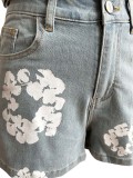 2024 Summer Denim Floral Print Women's Set Sleeveless Vest Tops + Shorts Suit