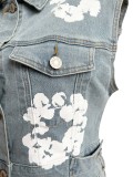 2024 Summer Denim Floral Print Women's Set Sleeveless Vest Tops + Shorts Suit